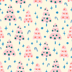 Cute pink Christmas trees with baubles and snow seamless pattern. Holiday season winter forest fun repeat pattern. Hand drawn illustration.