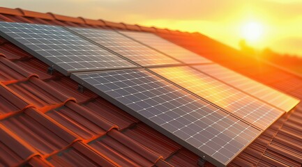 3D rendering of solar panels on a roof with a sunset background, illustrating a solar energy concept for homes and businesses.