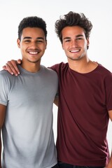 Two young men are smiling and posing for a picture. One is wearing a gray shirt and the other is wearing a red shirt