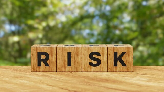 SAFE vs RISK concept. Strategy, planning and crisis decision making concept. 3D wooden cubes flips SAFE to RISK. 4k 3d animation