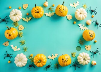 Fototapeta premium Happy halloween card in flat lay style. Halloween frame with party decorations of pumpkins, bats, scary ghosts, candy, spiders on background.