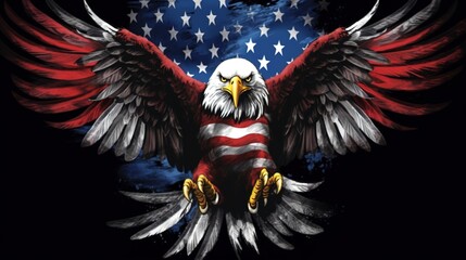 An American flag design with the colors of red, white, and blue, a bald eagle in flight with spread wings wide on a black background