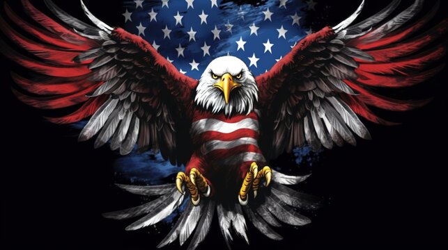 An American flag design with the colors of red, white, and blue, a bald eagle in flight with spread wings wide on a black background