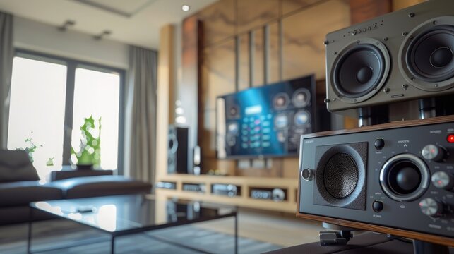 A luxury home audio system with sleek speakers and a high-tech interface, set in a modern living room.