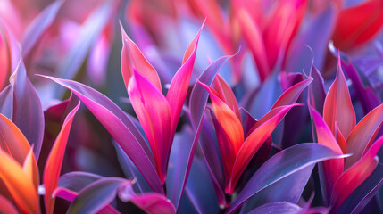 Close-up of tropical leaves is a bright psychedelic colored background