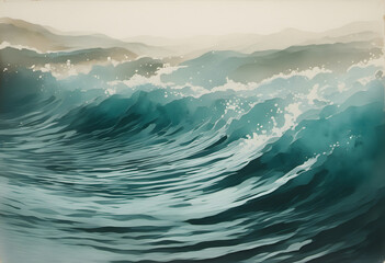 Fototapeta premium Abstract digital painting with flowing, layered waves in shades of blue, teal, and orange.