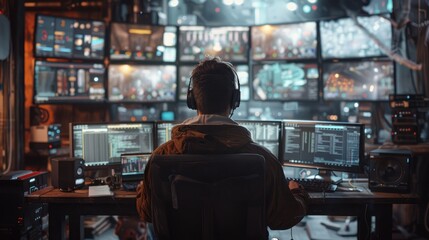 Fototapeta premium In the Zone: Programmer Coding in Multi-Monitor Workspace