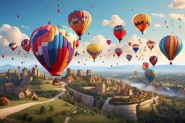 A whimsical hot air balloon festival, with balloons of all shapes and colors floating above a picturesque countryside. Background