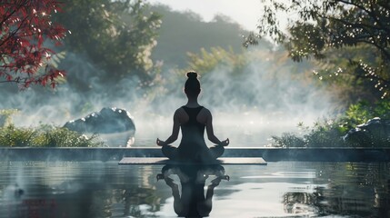 Person meditating in a serene outdoor setting, with large copy space in the background