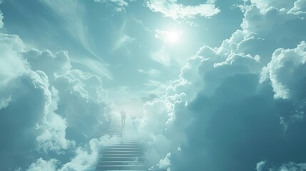 Journey to Heaven: Person Walking Up Stairway Through Clouds After Death