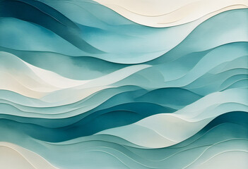 Abstract digital painting with flowing, layered waves in shades of blue, teal, and orange.