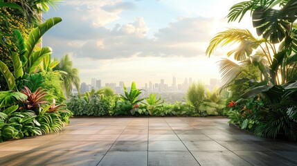 Fototapeta premium Rooftop garden with lush plants and a city view, with large copy space in the background