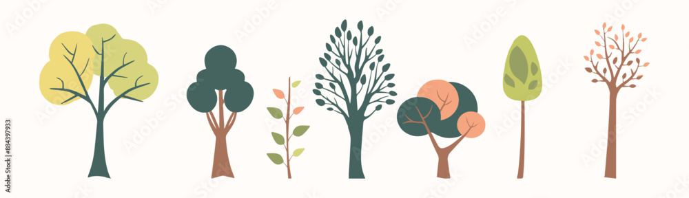 Wall mural tree and leaf collection hand drawn flat design element. botanical set of bare trees and ones with l