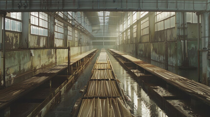 Obraz premium A rubber processing facility with rows of drying racks, highlighting the transition from liquid latex to solid sheets