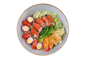Gourmet Caesar salad with salmon on a white background for the menu of a food delivery site or restaurant, isolate