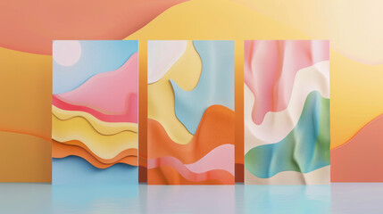 A collection of modern abstract covers with a retro vibe, utilizing geometric patterns and pastel colors to capture the essence of 1960s