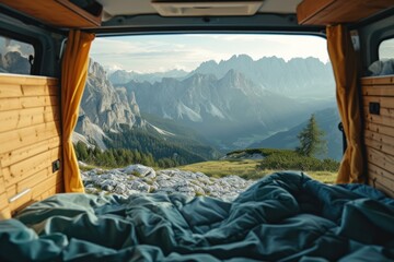 Cozy van life scene with breathtaking mountain landscape visible through the back doors