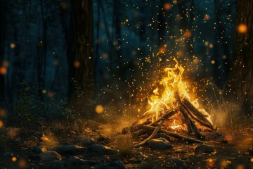 Magical campfire with sparks in a dark forest, evoking a fairy tale atmosphere