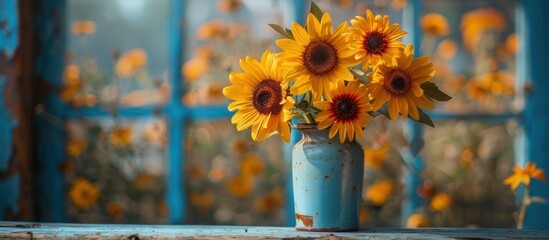Sunflowers in a Rustic Blue Vase