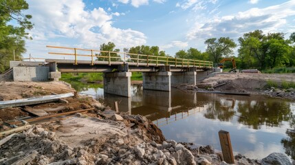 Fototapeta premium Completed bridge construction with finishing touches being applied.