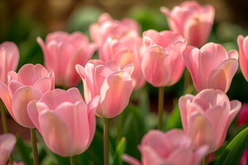 Fototapeta premium beautiful fresh pink tulips flowers field background