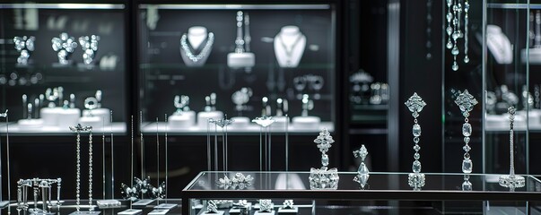Several pieces of jewelry neatly arranged in a display area inside the jewelry shop