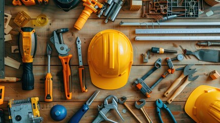 Construction tools laid out on a workbench.