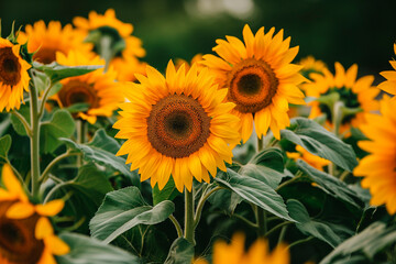 beautiful fresh yellow sunflowers flowers in full frame background