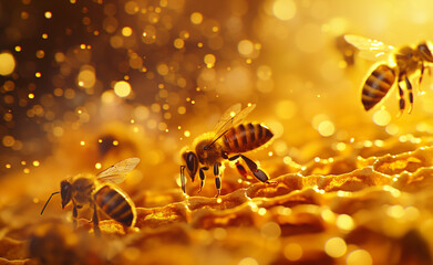 Fototapeta premium Bees working on honeycomb with honey in a close-up shot.