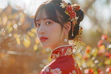 Portrait of a woman wearing traditional attire, with intricate hair accessories and a serene outdoor background.
