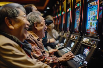 Obraz premium Elderly people happily playing slot machines in a lively casino, capturing joy and excitement of gaming entertainment.