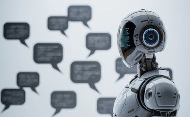 Naklejka premium Robot with speech bubbles on a light background, facing right.
