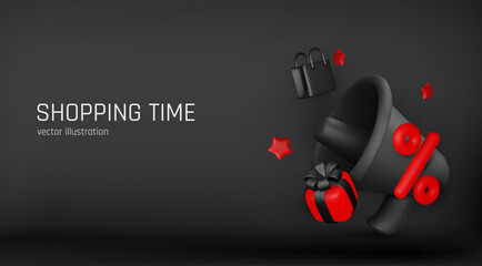 3d realistic black friday lettering with megaphone elements on black background, holiday sale banner template, vector illustration.