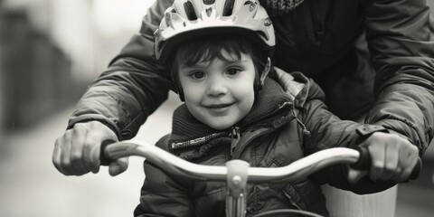 Obraz premium A young boy rides a bicycle while wearing a helmet, emphasizing safety and fun