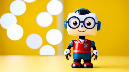 cute yellow robot toy dressed in a school uniform with a tie and glasses against a yellow background with bokeh lights. Back to school concept