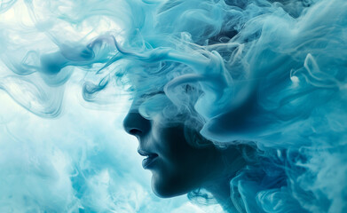 Surreal image of a person's face surrounded by colorful smoke.
