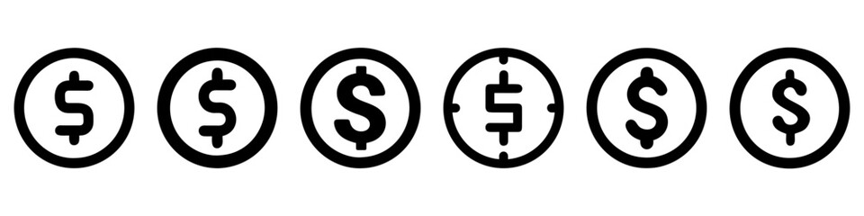 Dollar coin icon. Set of black icons of dollar. Money symbol. Vector illustration.