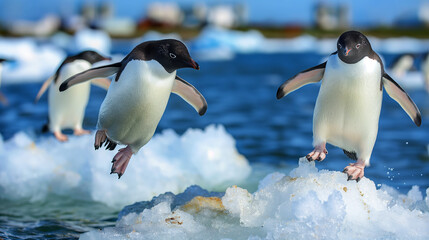 Obraz premium Playful Penguins Jumping on Iceberg