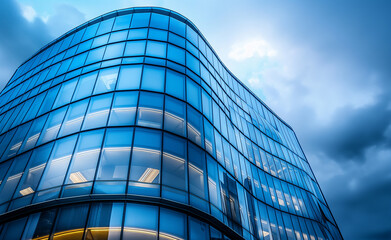 Modern glass building with curved architecture at dusk.