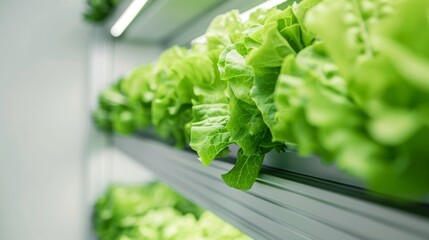 Close-up of automated harvesting equipment collecting lettuce in a vertical farm, modern agriculture, no people, focus cover all object, deep dept of field