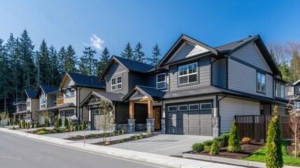 Residential construction with finished exteriors and landscaping.