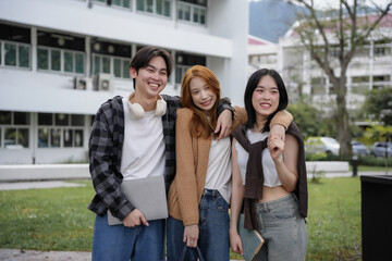 Three university students are socializing on campus, with books and a laptop in hand