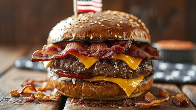 Delicious beef burger with crispy bacon, cheddar cheese, and a small American flag, set against a picnic table backdrop, ideal for July 4th festivities