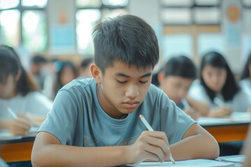 Children sit in a classroom, concentrating on their studies and writing in notebooks during a lesson.