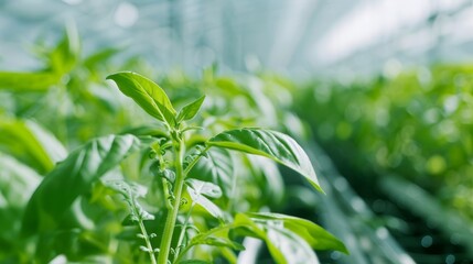 Obraz premium High-tech greenhouse with automated irrigation systems, rows of lush green crops, controlled environment for optimal growth, no people, focus cover all object, deep dept of field