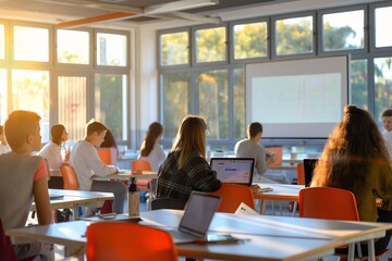 A group of students in a technology class, actively participating in a university lesson.