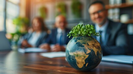 Professionals discussing climate balance strategies to reduce corporate carbon footprint, focus cover all object, deep dept of field