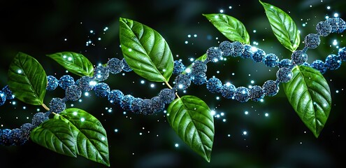  Illustration of a DNA cell made from several leaves and a collection of berries on a greenish-black background