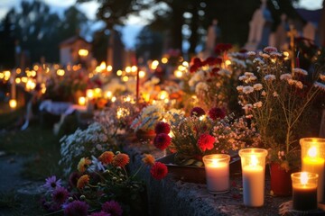 Dusk falls over the peaceful candlelit cemetery. A serene and somber resting place adorned with flowers and candlelight