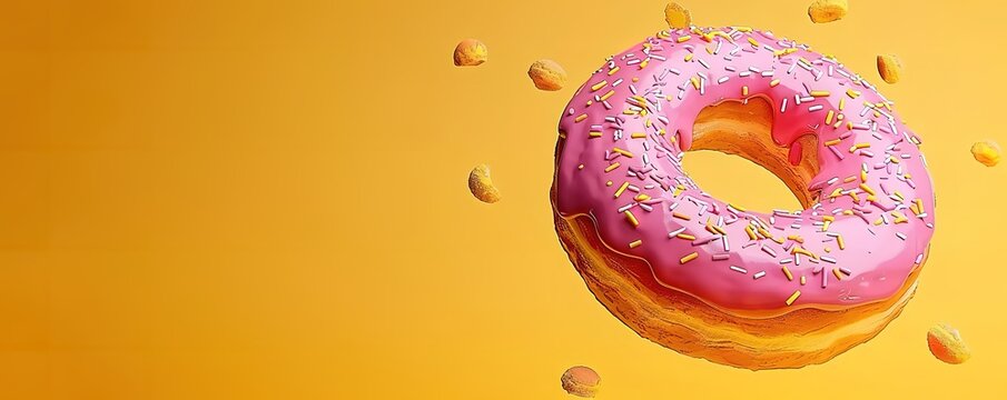  A donut with pink cream and peanut topping floating on a yellow background